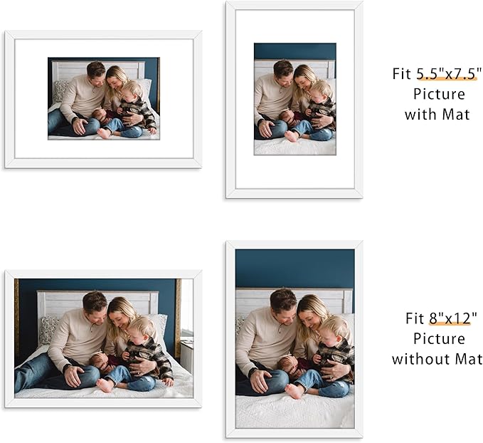 Picrit 8x12 Picture Frame Set of 12, Display 6x8 with Mat or 8x12 without Mat, Photo Frames for Wall Mounting or Table Top Display, White