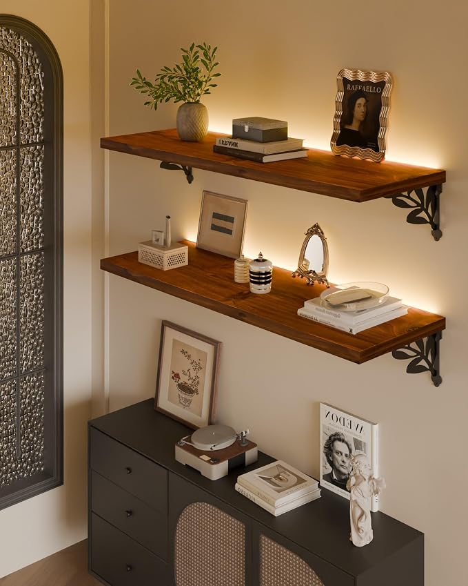36 Inch 2 Tier Solid Wood Floating Shelves with LED Light, Metal Brackets | 36 inch solid pine shelves, 2 tier, warm LED light, walnut finish, metal brackets for books and decor