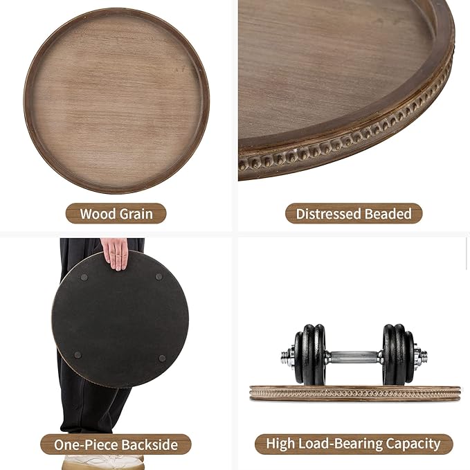 Hanobe Large Round Decorative Tray: Farmhouse Neutral Coffee Table Decor Wood Beaded Trays Vintage Ottoman for Home Counter Living Room
