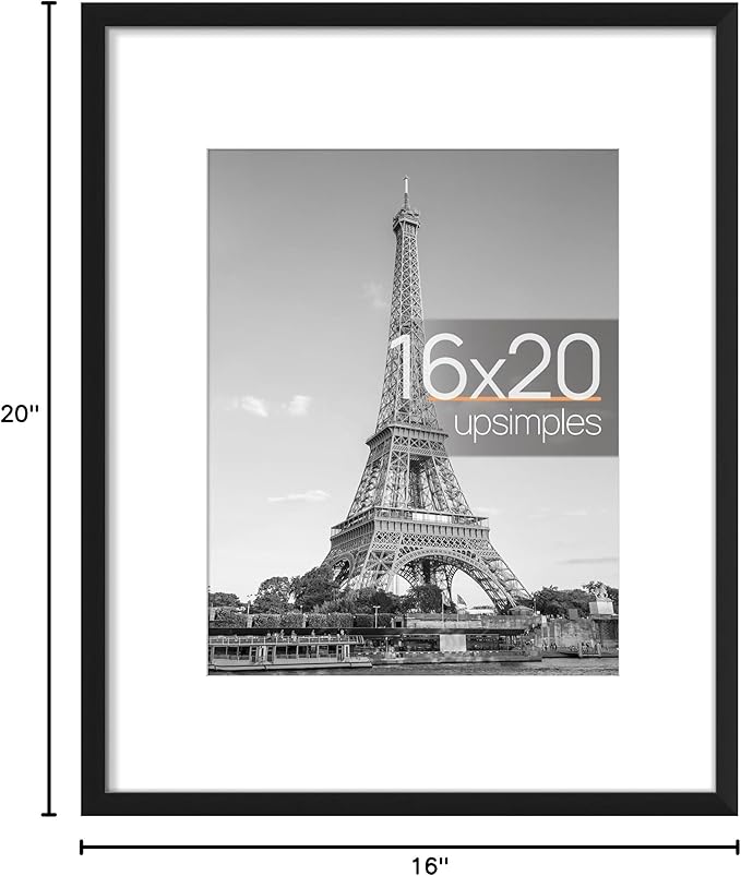 upsimples 16x20 Picture Frame, Display Pictures 11x14 with Mat or 16 x 20 Without, Wall Hanging Poster Frame, Black, 1 Pack