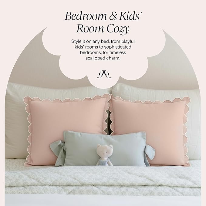 BEBE BASK Scalloped Pillow Cover - Set of 2-18 x 18 Inch - Scallop Pillow Covers – Peach Pink Scalloped Pillows - Scallop Pillows - 100% Cotton - Grandmillennial Style (Peach Pink/White)