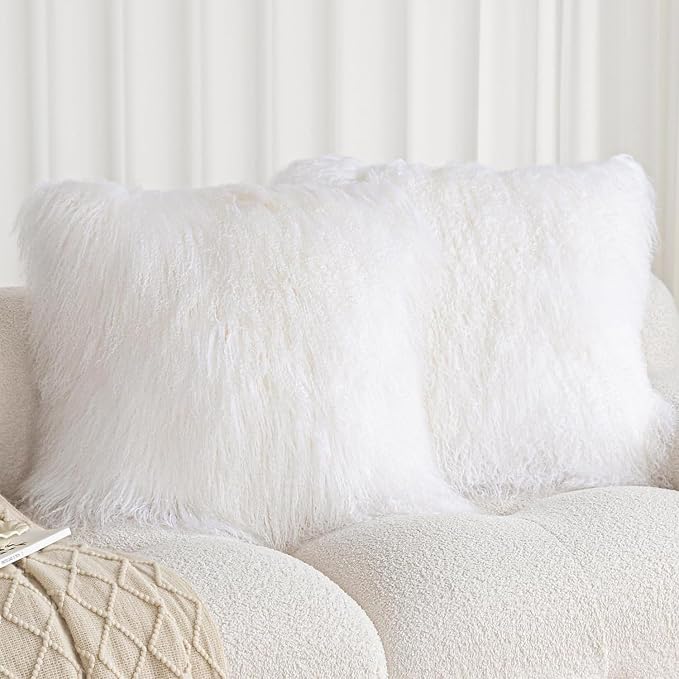 Real 100% Tibetan Mongolian Lamb Sheepskin Wool Fur Throw Pillow Covers, White 18x18 Inch Set of 2, Super Soft Plush Leather Accent Pillowcases Decorative Cushion Cover for Living Room