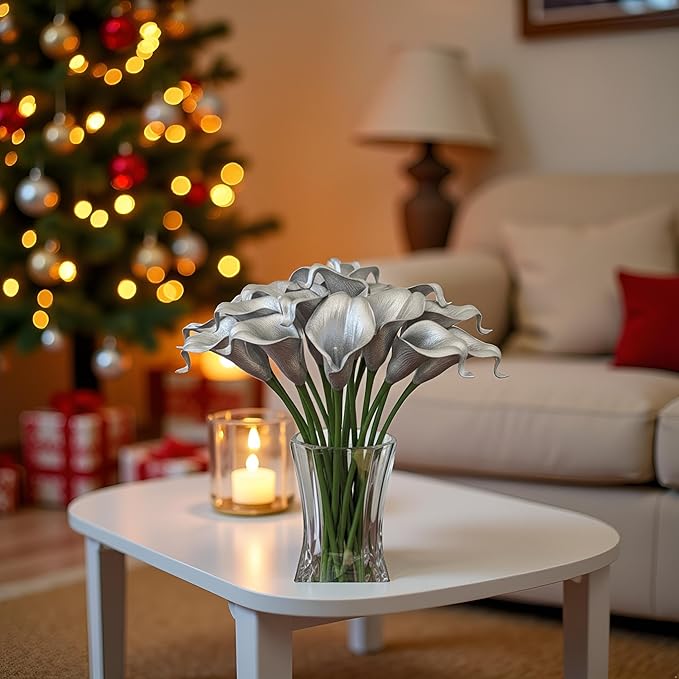 Floral Kingdom 20 Pack Artificial Calla Lily Flowers 14 Inch Silver Real Touch Faux Calla Lilies for Home Decor, Table Centerpieces, Living Room & Weddings