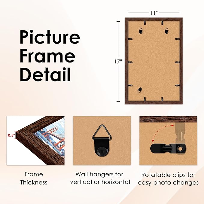 FIXSMITH 11x17 Picture Frame Brown Set of 2, Photo Frame with HD Plexiglass, Display Pictures 9x15 with Mat or 11x17 Without Mat, Brown Picture Frames Collage Wall Decor, Gallary Wall Frame