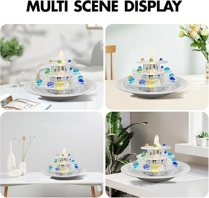 Pamopamo Indoor Tabletop Fountain 3-Tier Waterfall, Zen Meditation Fountains with LED Light, Home Desktop Soothing Sound Meditation Relaxing Water Feature for Office Room Table Decoration