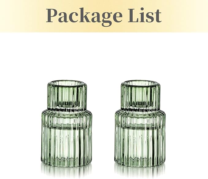 Hewory Glass Taper Candle Holders: 2PCS Green Vintage Candle Holder Candlestick Holders Bulk, Ribbed Glass Candle Holder Candle Sticks Holder Decor for Table Centerpiece Wedding Christmas Home Decor