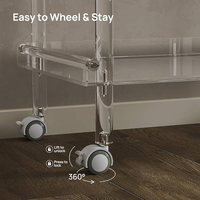 HMYHUM Acrylic Bar Cart, Rolling Serving Cart with 4 Lockable Wheels for the Home Bar, Kitchen, Living Room, Modern, 2-Tier, 23.6" L x 15" W x 30" H, Clear