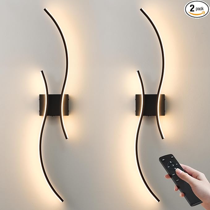 Battery Operated Wall Sconces Set of Two with Remote Control, Battery Wall Light, Stepless Colors 3000K-6000K & Dimming, Black Rechargeable Wall Sconces for Living Room, Hallway, Bedroom, 39.3 Inch