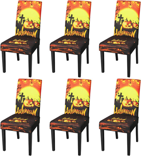 JQinHome Orange Halloween Chair Slipcover, Pumpkin Chair Covers Set of 6, High Stretch Washable Chair Protector Cover for Dining Room, Kitchen,Home Party,Wedding Ceremony(Orange,6PC)