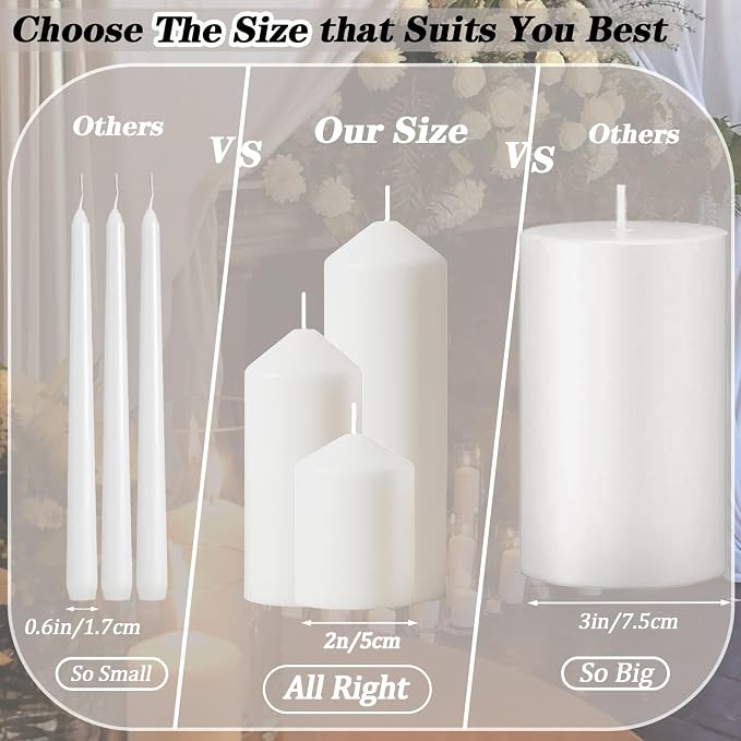 18 Pcs White Pillar Candles Bulk Set，3 Different Lengths 2 x 3/4/6 Inch (6 Each)，Hurricane Candles，Dripless Unscented Smokeless，Gives You a Better Atmosphere When Organizing an Event Party.
