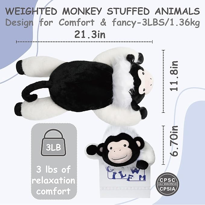 GILFWM Weighted Stuffed Animals Monkey - 21.3" Cute Toy Pillow Plushie Gifts for Kids Boys Girls & Adults, 3 lbs Soft Washable Plush Pillowfort
