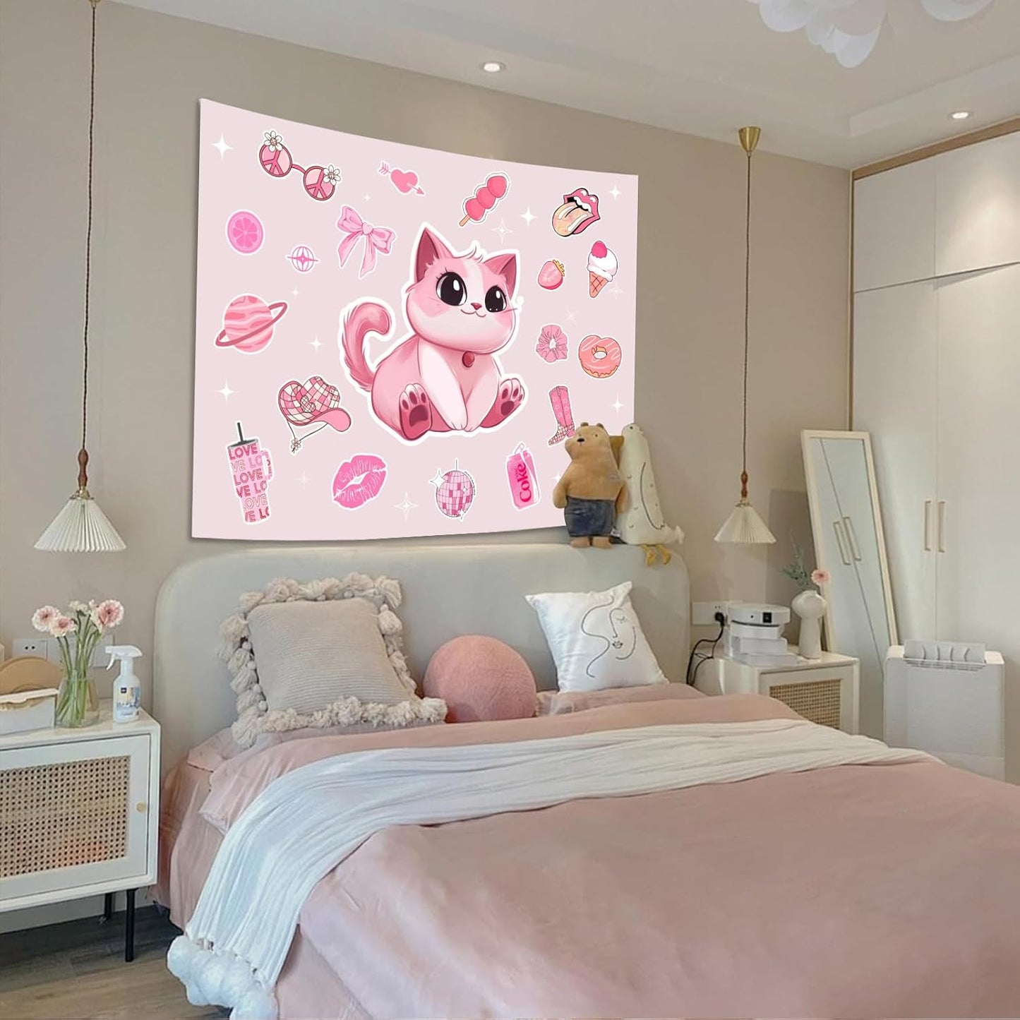 Lunerfex Y2K Tapestry Pink Cat Wall Tapestry, Cute Tapestries for Bedroom Funny Tapestries Wall Hanging for Bedroom Living Room Decor Pink-5 44"x60"