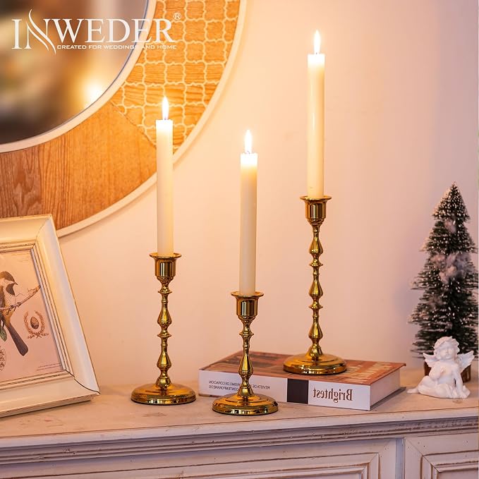 Gold Candlestick Holders Vintage: Brass Taper Candle Holders | for 0.87" Taper, Bottom with Felt Pad, Antique Decor for Dinning Table, Mantel, Wedding Centerpieces, Christmas, Party, 3 Pcs