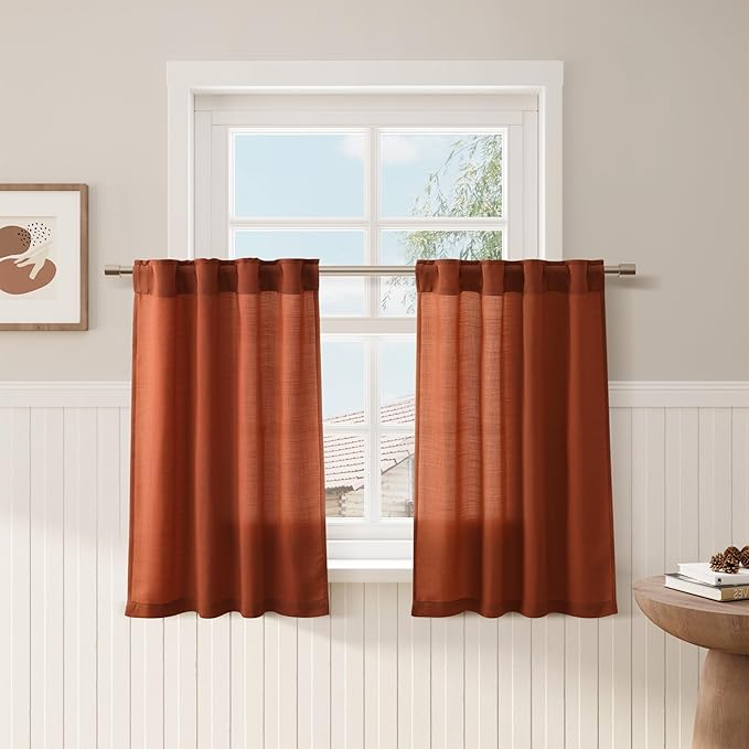 Terracotta Linen Kitchen Curtains 36 Inch Length 2 Pack Light Filtering Semi Industrial Style Transparent Linen Blend Short Drapes Back Tab Rod Pocket for Small Windows Cafe Bathroom Garage 26Wx36L