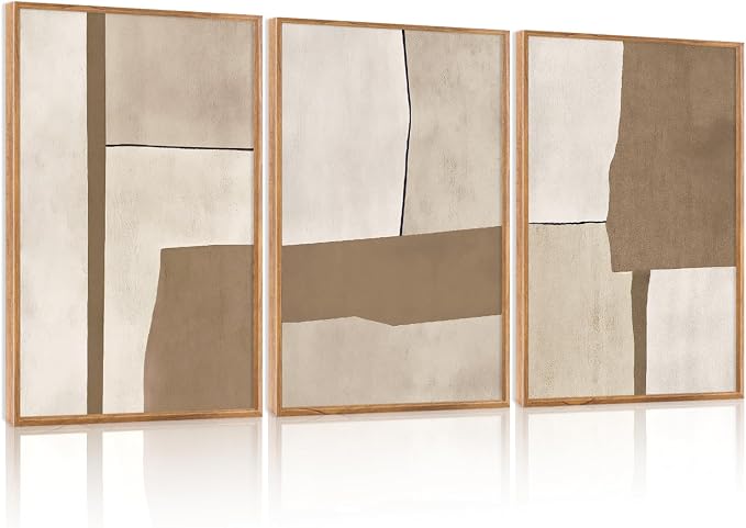 HOURIA 3Pcs Framed Boho Abstract Geometric Canvas Wall Art (16"x24"), Vintage Mid Century Modern Earth Tone Wall Decor, Minimalist Neutral Illustration Art Print for Office Living Room Bedroom