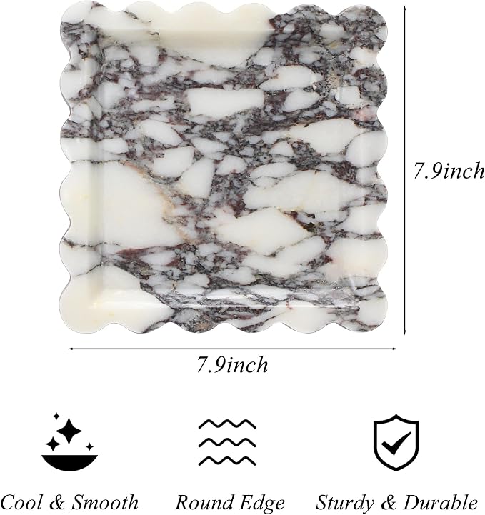 Square Marble Vanity Tray with Scalloped Edge - Natural Marble Perfume Tray Decor for Dresser, Vanity, Kitchen, Home Decor, Decorative Square Stone Tray - Calacatta Viola 8 * 8 inch