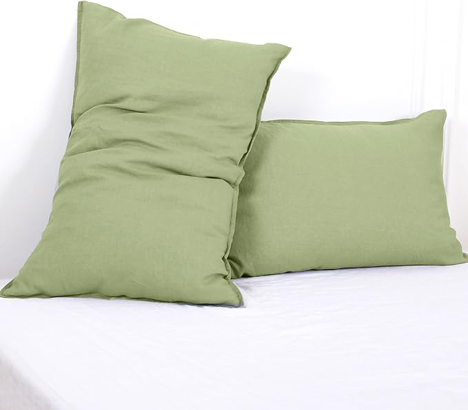 Simple&Opulence 100% Linen Pillowcases Basic Style Solid Color Set of 2, Queen Size Stone Washed Flax Pillow Cover Envelope Closure (20''x30'', Sage Green)