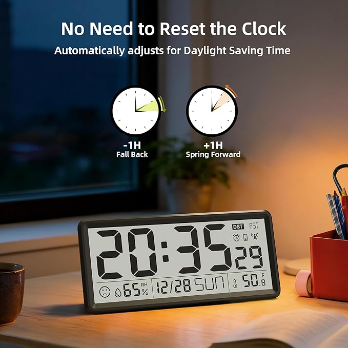 EASYERA 15'' Large Digital Wall Clock Battery Operated, Atomic Clock with Indoor Temperature and Humidity, Self-Setting with Auto DST, for Kitchen, Classroom, Living Room (Batteries Not Included)
