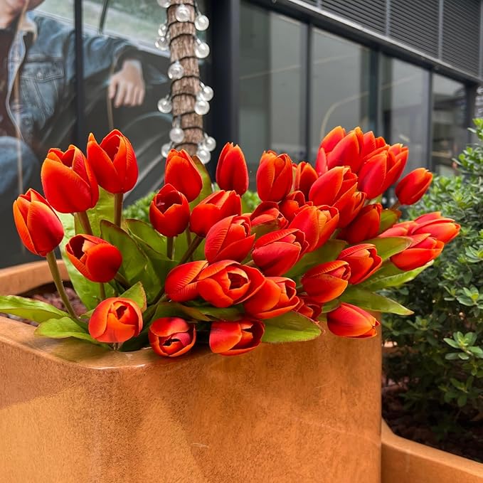 Artificial Fake Flowers Tulip for Outdoor Decoration,UV Resistant Faux Plastic Fabric Greenery Shrubs Plants Fake Flowers Hanging Planter Kitchen Home Garden Wedding Decor (Orange)