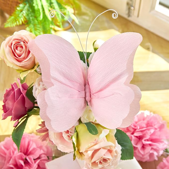 OBBOLO 3D Hanging Butterfly Decorations, Colorful Butterfly Birthday Party Decorations with Tissue Pompom Garland, 6 Pcs Paper Hanging Decorations for Girls, Women, Flower Garden Party Décor