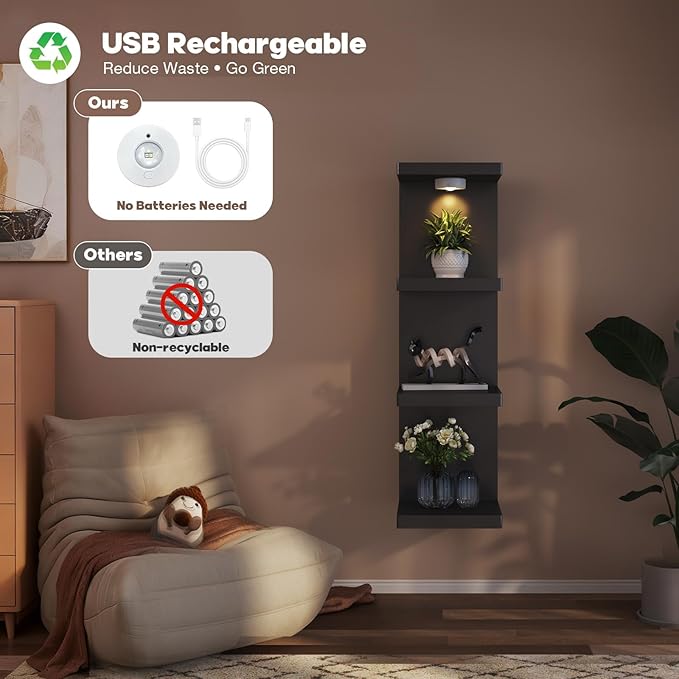 4-Tier Wall Shelf Unit with USB Rechargeable Led Light (Remote Controlled),Versatile Floating Display Shelves,Lack Style Wall Shelves for Bedroom,Living Room,Office Decor,Vanity-Black