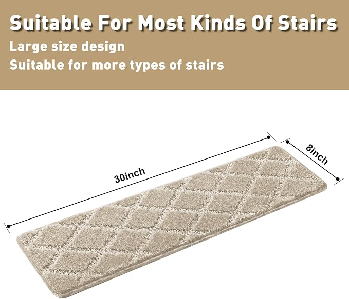 PURE ERA Carpet Stair Treads Tape Free Non Slip Indoor Stair Carpet Stair Protectors Pet-Friendly Non-Slip Skid Resistant Washable Reusable 8" x 30"(7 Pieces,Cream Gray Diamond Trellis)