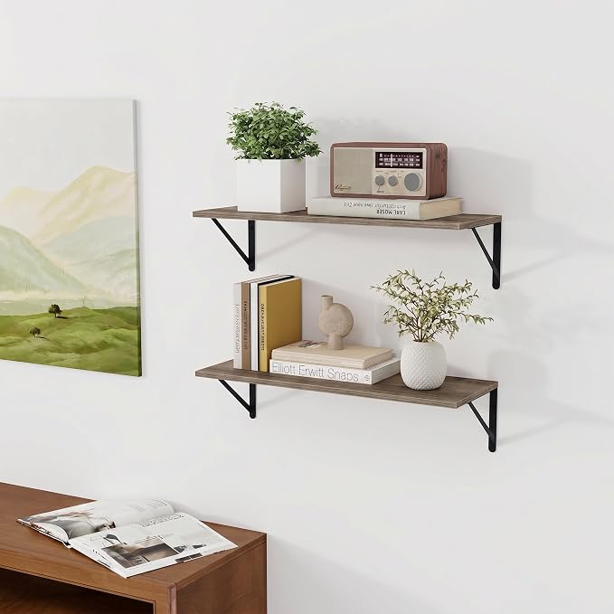 Vivelove Deep Floating Shelves for Wall, 24W x 8D Rustic Grey Wood Wall Shelves Set of 3, Large Floating Shelf for Living Room, Kitchen, Office, Bedroom and Decor Storage, with Metal Bracket - Grey