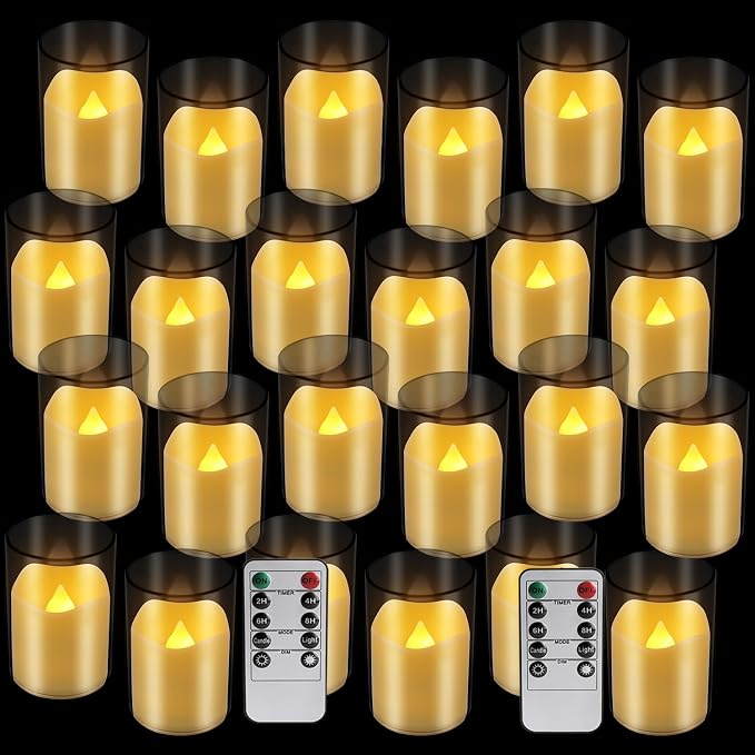 fclayvts 24 Pack Flameless LED Candles with Clear Glass Holder, Battery Operated Real Wax Tea Lights with Remote & Timer, Flickering Warm Light Fireless Votive Candles for Home Wedding Holiday Decor