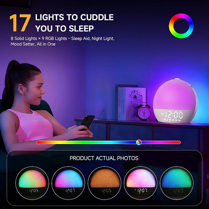 Geuuap Sunrise Alarm Clock White Noise Sound Machine for Bedroom | Natural Wake-Up Light with 30 Soothing Sleep Aids, Bluetooth Speaker, Dimmable Clock, Screen-Free Design for Baby Adults Kids-White