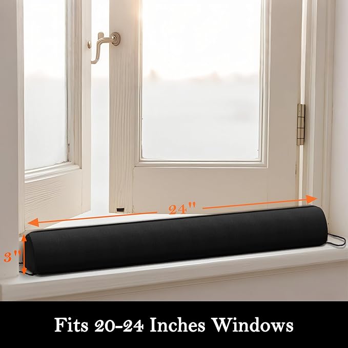 Sunolga 2 Pack Door Draft Stopper Filled with Glass Beads & Cotton, 24 Inches Removable Machine Washable Sound Proof Under Door Draft Blocker with Anti-Abrasion Bottom for Door and Window, Black