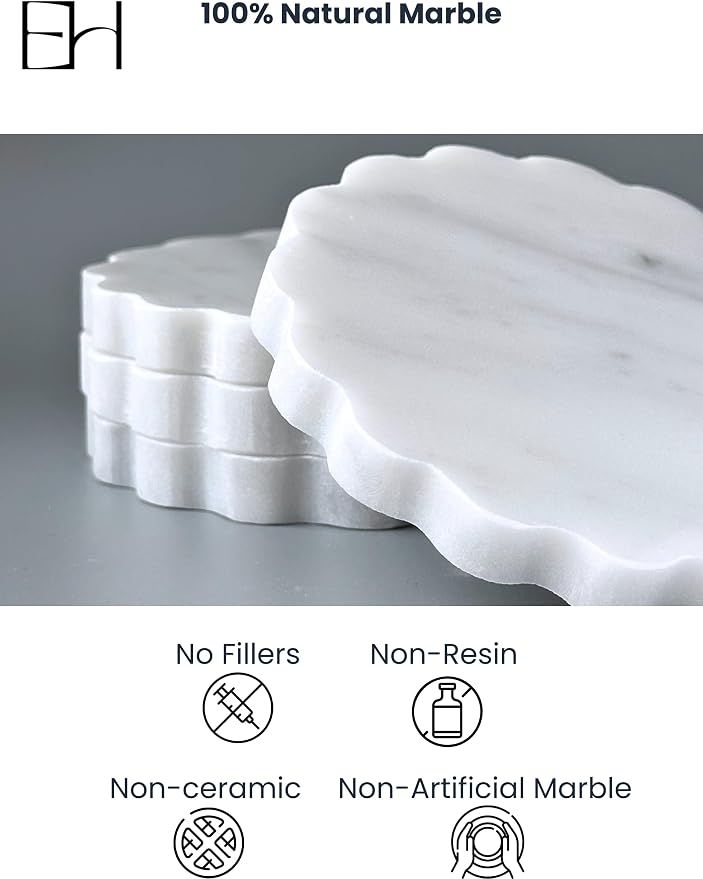 Marble Coasters Set of 4, Handcrafted Drink Protectors,Natural Stone Coaster Bar & Table Decor, Modern Desk Aesthetic Accessories, Non-Slip Luxury Gift (Calacatta White Wave Scalloped)