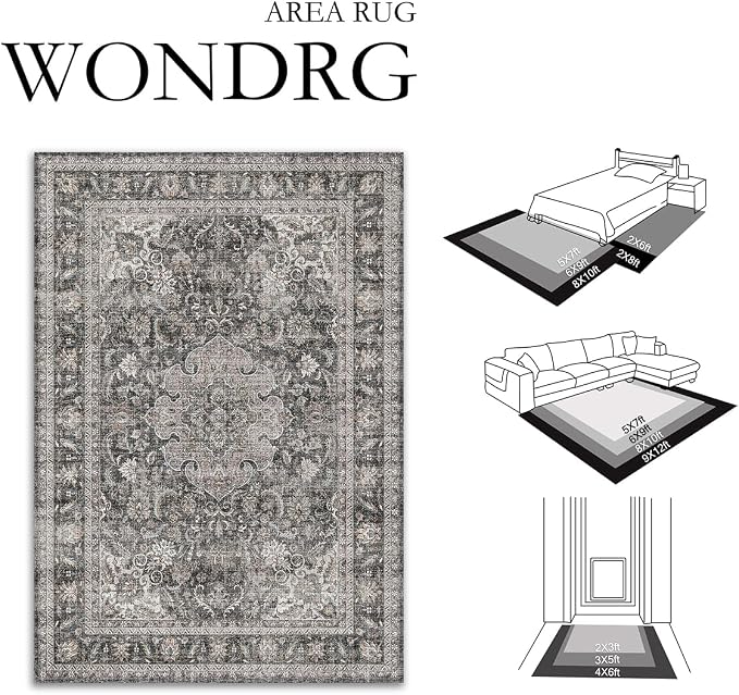 8x10 Washable Area Rug Black Grey Vintage Non Slip Soft Medium Pile Rug for Living Room Bedroom Dining Room Office Distressed Oriental Indoor Large Throw Carpet for Home Decor