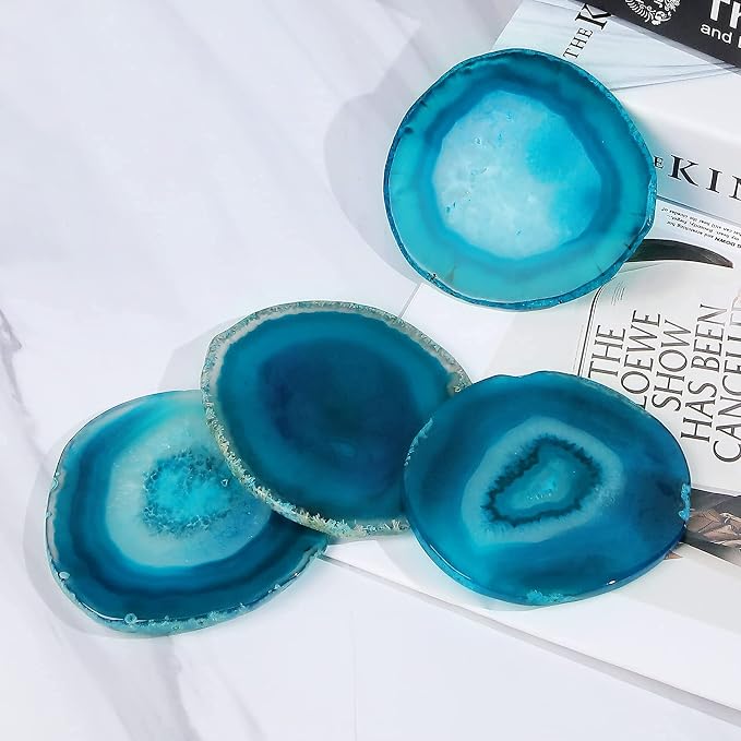 Natural Blue Agate Coasters for Drinks Set of 4 | Natural Stone Coasters 3.5-4", Decorative Gemstone Coasters for Coffee Table, Bar or Desk, Housewarming Gift for Friends
