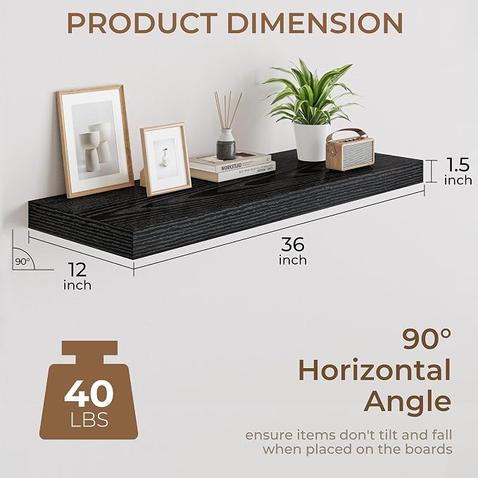 RICHFOCUS Deep Floating Shelves for Wall 2 Pack 12" D 36 Inch Wall Shelves for Room Wall|Wood Hanging Shelf with Invisible Brackets for Bathroom Bedroom Kitchen Laundry Room, Black