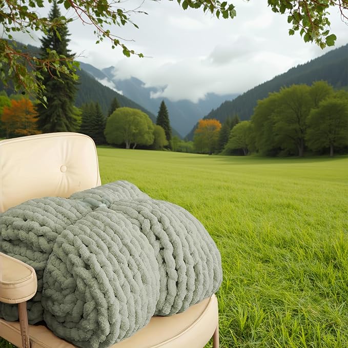 ATMOSURELY Ultra Soft Sage Green Chunky Knit Throw Blanket Cozy Fluffy Chenille Yarn Handmade Cable Knit Crochet Blanket for Bed Sofa Couch 50x60 Inches (Sage Green, 50"x60")