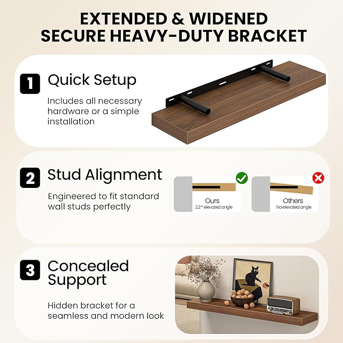 20" Floating Shelves for Wall, Set of 3, 8" Deep, 1.5" Thick, Walnut Finish | Rustic Wood Wall Shelves with Invisible Brackets, Storage and Display for Bathroom, Bedroom, Living Room or Kitchen