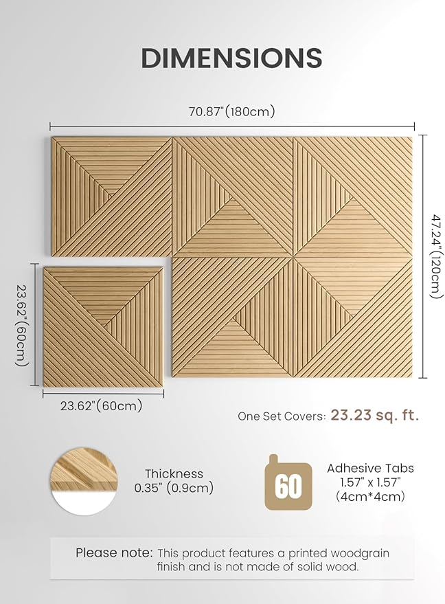 Fluxynara Large Felt Bulletin Board,Cork Board Alternative 70.87'' x 47.24'' Art Acoustical Wall Panels-6 Pack with 60 Adhesive Tabs,for Recording Studio/Home Offices-Natural Oak/Facet