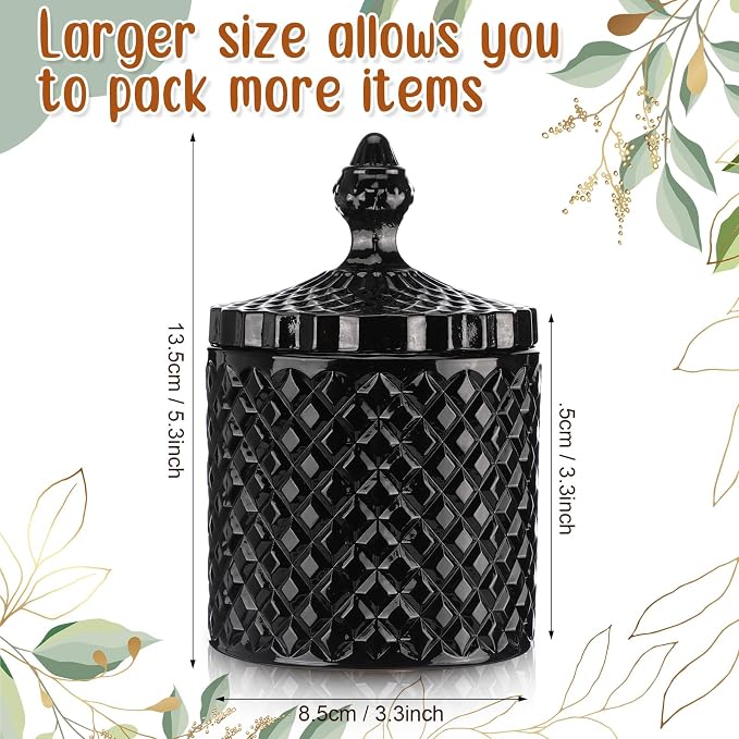 Aoriher 4 Pcs Crystal Glass Candy Jar Set with Lids Home Decorative Storage Jars for Apothecary, Bathroom, Kitchen, and Pantry, Ideal for Cotton Swabs and Jewelry(Large,Black)