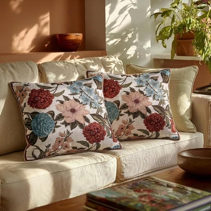 bilin gaier French Linen Throw Pillow Covers,18"x18" Set of 2-Burgundyred | Designer Vintage Elegant Square Pillow Cover,Concealed Zipper,Floral Pattern,Sofas,Bedroom,Living Room,Lounge Chairs