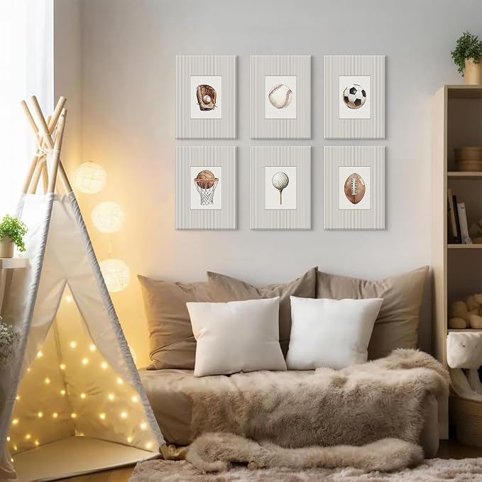 Sports Wall Art Decor Toddler Boys Room Canvas Prints Vintage Sports Nursery Wall Decor Baby Kids Poster Football Baseball Pictures Basketball Artwork for Children Bedroom 12x16x6 Inch Ready to Hang