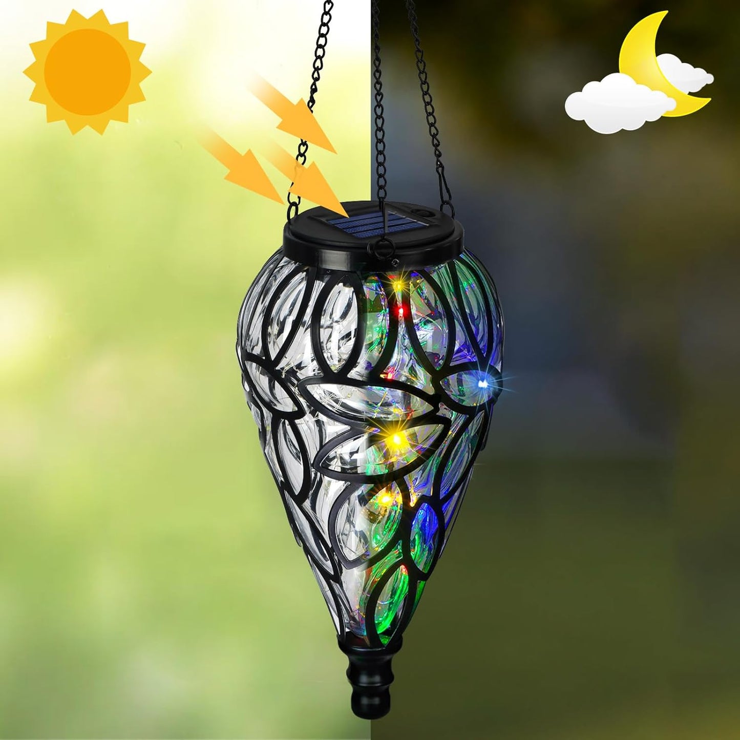 SUNNYPARK Outdoor Plastic Solar Hanging Lantern, 15 Multi Color LEDs Twinkle Effect Tear-Shaped Hanging Lantern Decor Garden Decorative Solar Lights for Backyard, Patio and Lawn