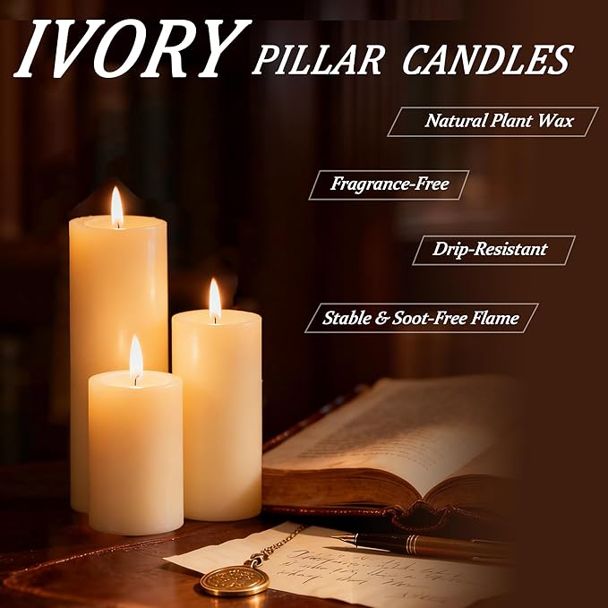 Ivroy Pillar Candles Bulk Set of 18，Hurricane Candles，3 Different Lengths 2 x 3/6/8 Inch (6 Each)，Dripless Unscented Smokeless，Gives You a Better Atmosphere When Organizing an Event Party.