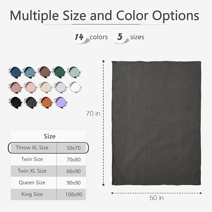 Carriediosa 100% Cotton Muslin Throw Blanket 50" X 70" Throw XL Size，4-Layers Summer Gauze Throws for Bed Couch，Soft Lightweight Breathable Linen Blankets Bedspread for Adults All Season，Dark Gery