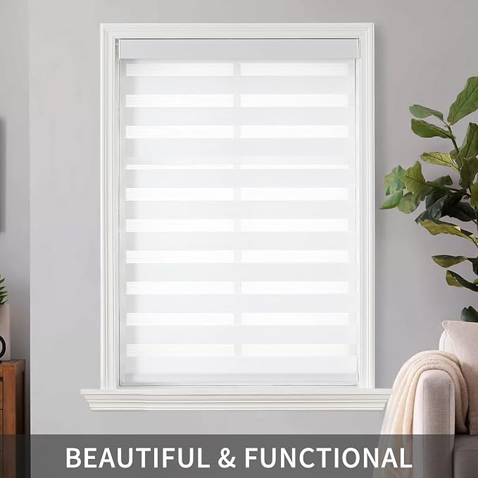 Joydeco Cordless Zebra Blinds (Pro), Dual Layer Light Control Zebra Blinds for Windows, Light-Proof Aluminum Cover, Free-Stop Roller Shades for Home & Office (White, 37" W x 75" H)