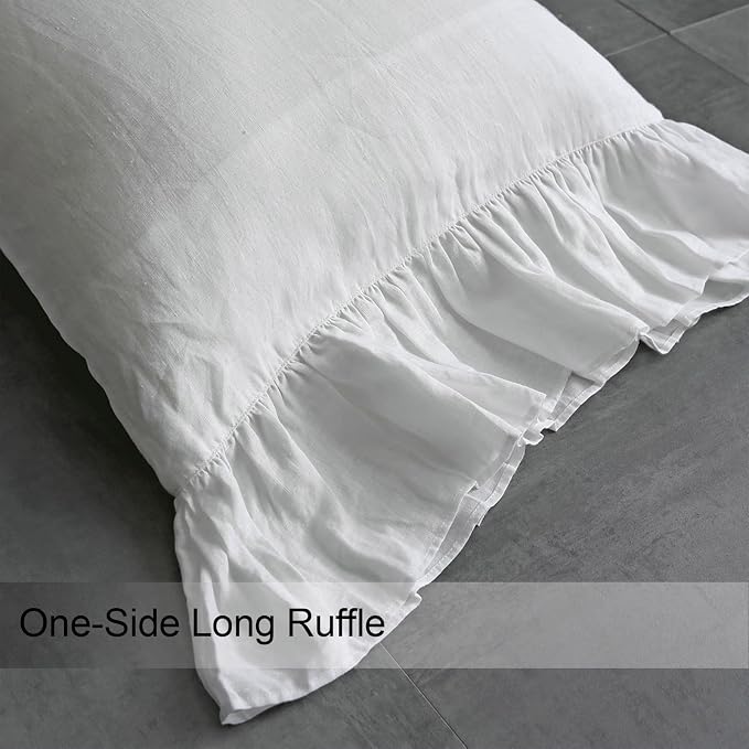 French Linen Pillow Case, 20x30'' Queen Size Pure 100% Linen Flax Pillow Cover 1 Pack, Ruffled Pillow Sham Soft and Breathable (Queen, White, 1 PCS)