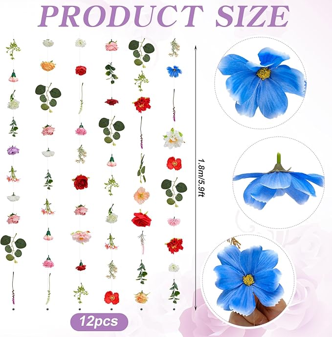 Suncalla 12 Pcs 70.8 ft Flower Garlands Hanging Artificial Wildflower Vine Decor from Ceiling Floating Floral Backdrop Silk Fake Flower Garland for Wedding Home Garden Wall Arch(Floral)