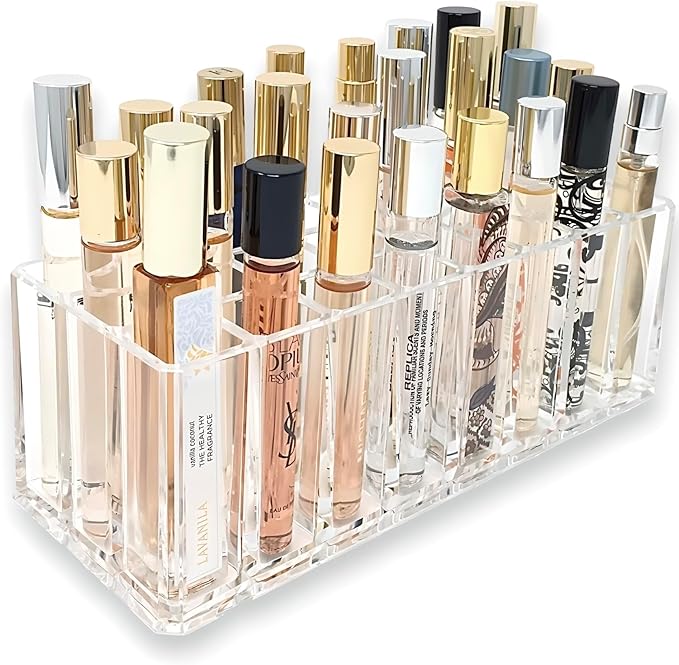 BY ALEGORY Acrylic Rollerball Perfume Organizer Beauty Scent Holder 24 Space Organization Refillable Container Tall Scented Oil Storage Display Case