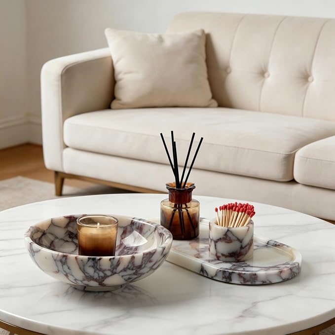 Luxury Natural Marble Fruit Bowl – Large 7.8-Inch Calacatta Viola Marble for Kitchen Counter Fruit Serving Holder, Decorative Snack Dish for Coffee Table, Centerpiece Tray for Home Decor