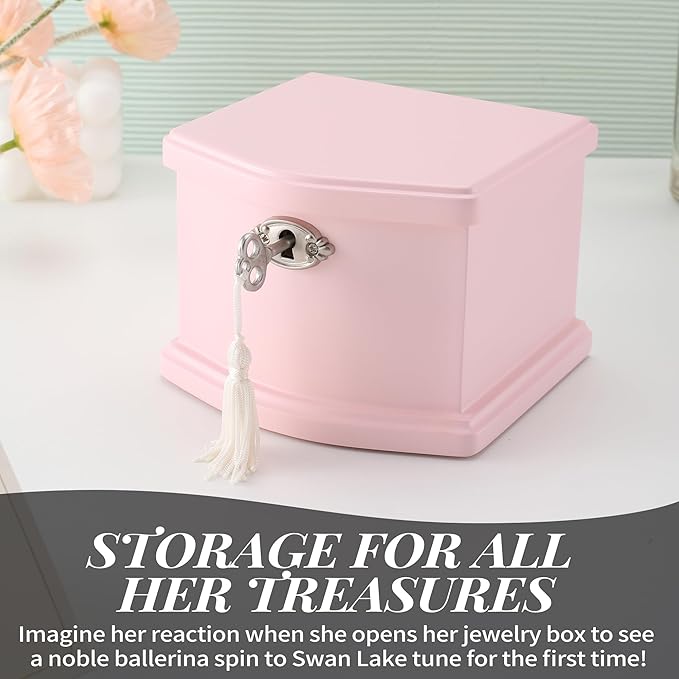 Pink Small Ballerina Musical Jewelry Box with Mirror and Lock for Girls，Pink Kid's Jewelry Storage Music Chest,Gift for Christmas,New Year,Birthday
