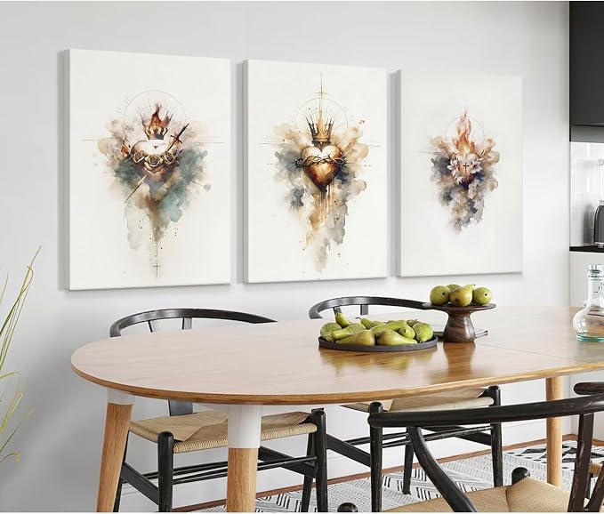 Jesus Canvas Wall Art Sacred heart of Jesus Pictures Christian Wall Decor Catholic Poster Religious Wall Art Heart of Mary and Joseph Painting Divine Mercy Prints for Bedroom 12x16 Inch Ready to Hang